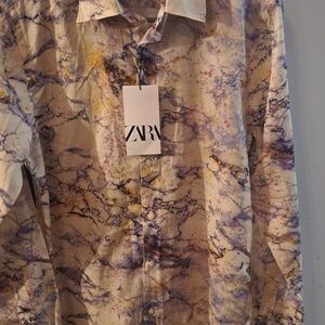 Zara Men's Marble Print Shirt with Purple and Yellow Accents